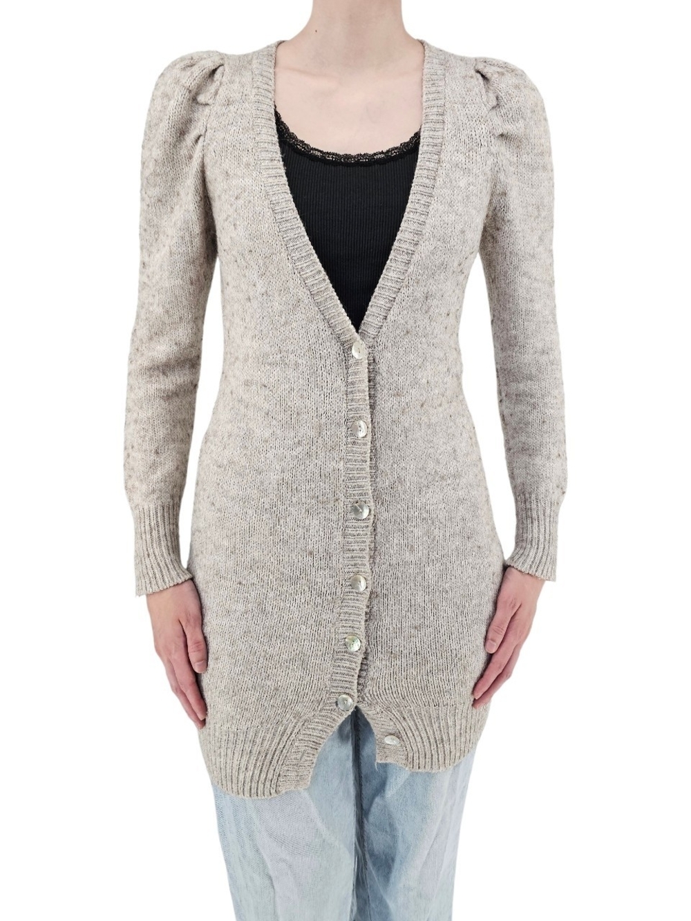 BCBG Max Azria Alpaca Blend Long Knit Cardigan Sweater M Beige Puff Sleeve Butto